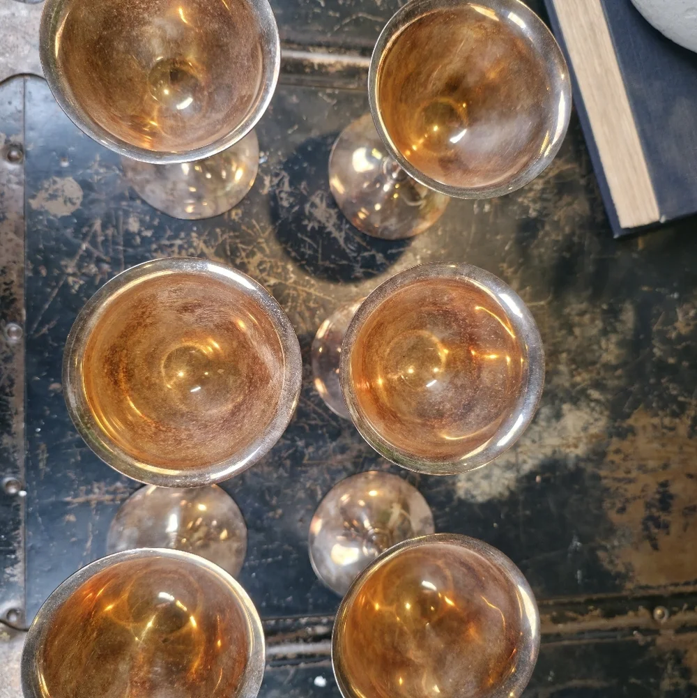 ​Set of 6 Vintage Birks Primrose Plate Silver Cordial Goblets Gold Wash Interior - Picture 7 of 14